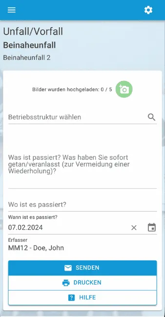 Beinaheunfall mit Foto melden in EHQSplus Online