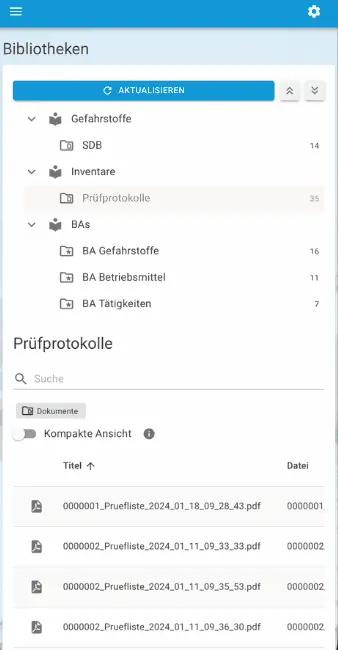 Bibliotheken mit Sicherheitsdatenblättern, Betriebsanweisungen und Prüfprotokollen in EHQSplus Online