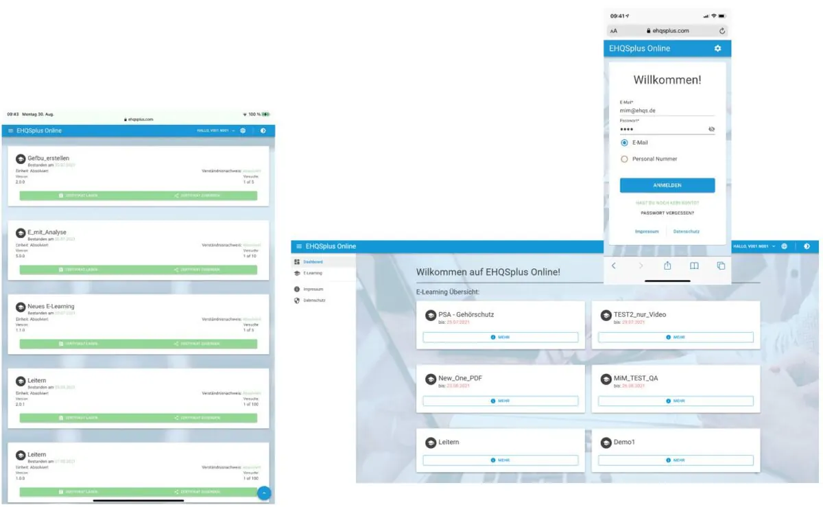 Übersicht des Portals für Online-Unterweisungen von EHQSplus auf Desktop und Smartphone